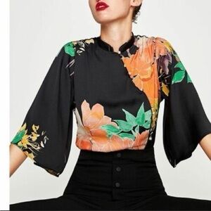Zara Orange and Black Graphic Bodysuit with Mandarin Collar